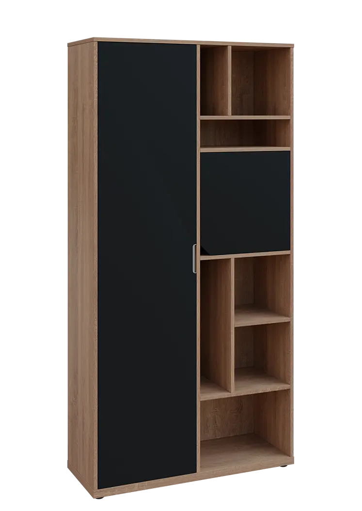 KSR6-83 L skříň šatní, 1x výsuvné ramínko, dvířka, niky, 2053x1022x400 mm, provedení levé, dub bardolino/černá